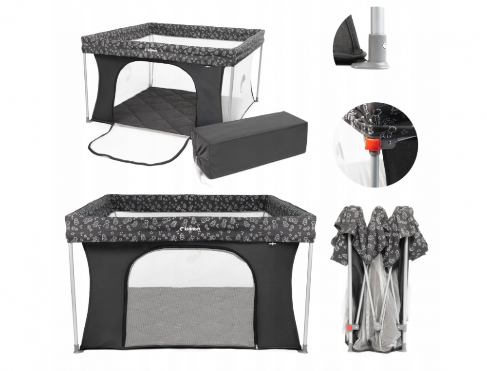 Tarc de joaca pentru copii Kidnort Snoen Dark Grey, pliabil, design modern si sigur, acces mare cu fermoar actionat din exterior, dimensiune 126 x 126, husa depozitare inclusa, dimensiune  126.5 x 74.5 cm