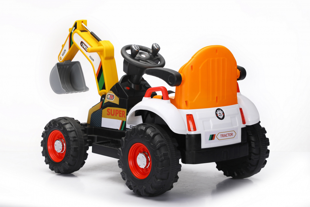 Tractor electric cu cupa pentru copii Nichiduta Digger Scorpion Yellow 12V,telecomanda 2.4G,2 motoarex25w,scaun din piele ecologica,cupa mobila,suport picioare,cotiere,roti late rezistente,muzica,dimensiune 118x58x55cm