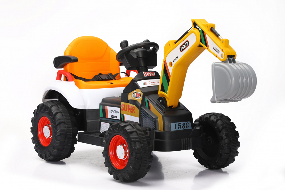 Tractor electric cu cupa pentru copii Nichiduta Digger Scorpion Yellow 12V,telecomanda 2.4G,2 motoarex25w,scaun din piele ecologica,cupa mobila,suport picioare,cotiere,roti late rezistente,muzica,dimensiune 118x58x55cm - 2
