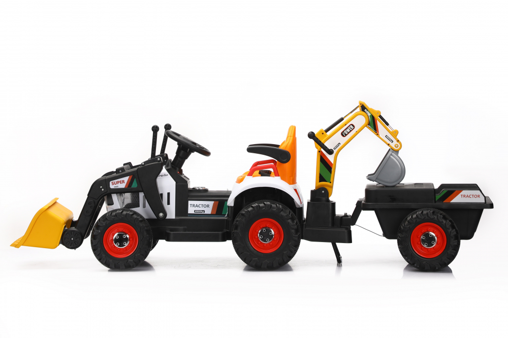 Tractor electric cu remorca si 2 cupe pentru copii Nichiduta Digger Scorpion Yellow 12V,telecomanda 2.4G,2 motoarex25w,scaun din piele ecologica,cupe mobile,suport picioare,cotiere,roti late rezistente,muzica,lumini LED - 2