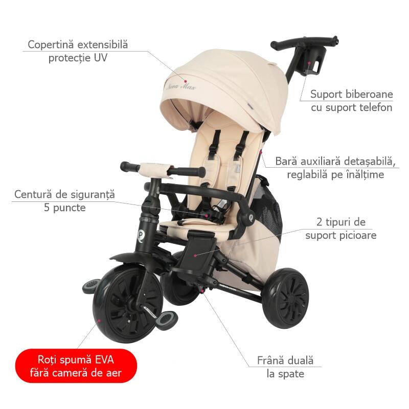 Tricicleta ultrapliabila Qplay Nova Max Bej, maner telescopic, spatar rotativ si reglabil, cadru din aluminiu, roti Eva, accesorii incluse - 2 | YEO