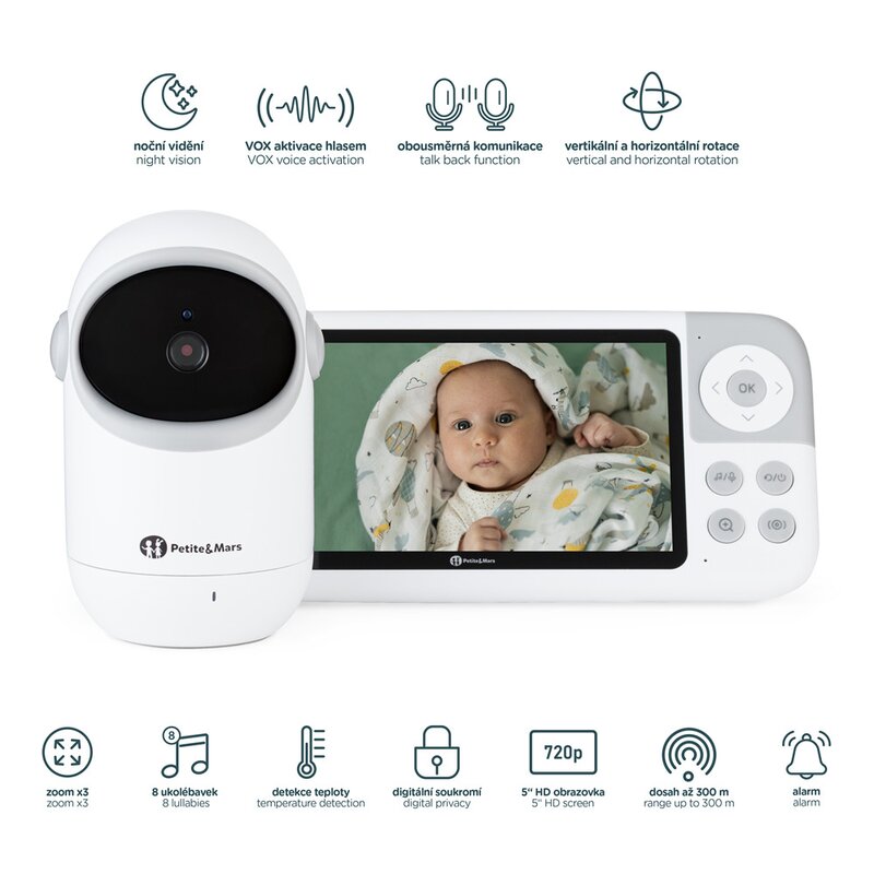Video monitor PetiteMars Eve 5.0 Alb, ecran HD, autonomie pana la 16 ore, raza de actiune 300m, suport pentru pana la 4 camere, activare VOX la voce