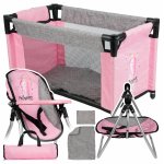 Set ingrijire pentru papusi Princess PinkGrey, cu patut pliabil de calatorie, scaunel inalt, balansoar si husa de transport cu fermoar