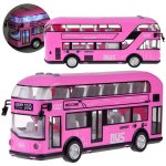 Autobuz pentru copii roz, model realist cu etaj, 3 butoane pe capota, efecte sonore si luminoase, dimensiune 26.5 x 6.5 x 11.5 cm