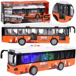 Autobuz urban pentru copii portocaliu, cu pull-back, deschidere usi, lumini, sunete, anvelopele din cauciuc, scala 1:16