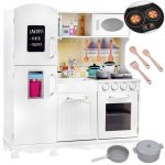 Bucatarie din lemn pentru copii cu sunete, lumini, frigider, cuptor si accesorii esentiale incluse, dimensiune 91x99x51 cm