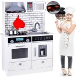 Bucatarie din lemn pentru copii cu lumini, efecte sonore si accesorii incluse, frigider cu dozator de gheata, dimensiune 92 x 65 x 30 cm