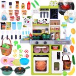 Bucatarie interactiva pentru copii cu chiuveta functionala, abur, lumini, sunete si 63 de accesorii incluse, dimensiune 80 x 53 x 20 cm