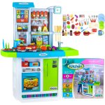 Bucatarie pentru copii albastra, cu functii interactive in limba engleza, frigider, chiuveta cu circuit inchis de apa, sunete, arzatoare cu lumini, masina de spalat vase