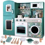 Bucatarie retro pentru copii verde, realizata din lemn, cu lumini si sunete, frigider cu dozator si accesorii de gatit incluse