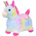 Calut gonflabil de sarit pentru copii Rainbow Unicorn, realizat din cauciuc imbracat in plus pufos, cu pompa de picior inclusa, dimensiune 61 x 17 x 52 cm