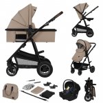 Carucior pentru copii Lionelo Amber Bej, 3 in 1, cadru aluminiu, cu landou intarit si salteluta moale, scoica auto testata ADAC, reversibil, accesorii, geanta parinti, pana la 22 kg, EN1888-1