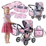 Carucior pliabil pentru papusi Doris Flower 2in1 cu maner si copertina reglabile,saltea de infasat,landou portabil cu manere,gentuta accesorii,roti din spuma eva,cos accesorii,dimensiune 74x36x70 cm