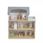 Casuta de papusi din lemn Moni Ema cu 3 etaje, 11 piese mobilier si 2 figurine din lemn incluse, dimensiune 61x26x71 cm