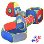 Cort de joaca 5 in 1 pentru copii albastru, structura usoara modulara, asamblare rapida, cu 4 bilute si husa de depozitare inclusa