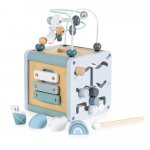 Cub educational 4 in 1 din lemn Moni Activity Cube Albastru cu sortator forme, angrenaje, labirint cu margele detasabil, xilofon, dimensiune 15x15x25.5 cm