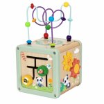Cub educational din lemn 4in1  Hi Pando cu sortator forme, angrenaje cu roti dintate, labirint cu margele, ceas cu ace mobile,dimensiune 15.5x15.5x28 cm