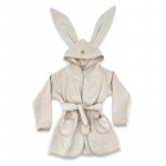 Halat de baie Qmini Beige cu urechi, S, 6-24 luni, moale, cu buzunare si cordon, din tricot termo-terry din bambus