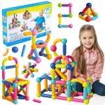 Joc de constructie magnetic pentru copii, Kinderplay, cu 98 elemente multicolore, pentru constructia de obiecte tridimensionale