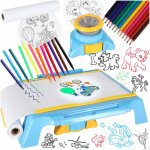 Masuta de desenat cu proiectr pentru copii, Ikonka blue, 38 x 28 x 8.5cm, prevazuta cu 72 proiectii tematice, 12 creioane colorate si 12 markere incluse
