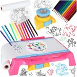 Masuta de desenat cu proiectr pentru copii, Ikonka pink, 38 x 28 x 8.5cm, prevazuta cu 72 proiectii tematice, 12 creioane colorate si 12 markere incluse