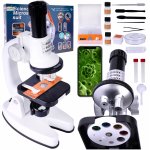 Microscop digital monocular pentru copii cu 3 nivele de marire 200x, 600x, 1200x, lumina led, montabil pe smartphone si 16 accesorii incluse