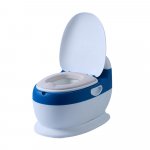 Olita pentru copii Little Mom Blue Toilet, model educativ si muzical, cu design realist, colac moale din spuma PU, capac rabatabil si vas colector detasabil, dimensiune 40 x 28 x 30 cm