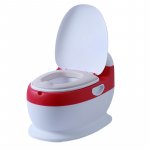 Olita pentru copii Little Mom Red Toilet, model educativ si muzical, cu design realist, colac moale din spuma PU, capac rabatabil si vas colector detasabil, dimensiune 40 x 28 x 30 cm