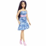 Papusa Barbie fashionista cu parul mov si rochita cu fluturasi
