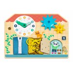 Panou educativ din lemn Hi Pando Busy Board cu design multifunctional,ceas cu ace mobile,rotite cu angrenaje,fermoar,sireturi si usa cu incuietoare