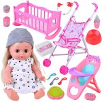 Papusa interactiva cu parul blond, inchide ochii, cu patut, carucior, scaunel de hranire si accesorii de ingrijire incluse, inaltime 30 cm