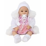 Papusa bebelus Doris Pola 40 cm cu suzeta si rochita roz,hainuta alba si caciulita,corp moale in cutie cadou
