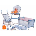 Set complet papusa bebe cu bratele si picioarele mobile, echipat cu accesorii de ingrijire si transport, dimensiune 32 x 13.5 x 9 cm
