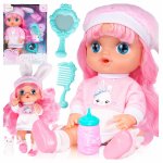 Papusica pentru copii inaltime 30 cm, cu parul roz, brate si picioare mobile, include biberon si figurina pisoi
