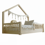 Pat pentru copii casuta montessori, Little Amy, MiniNest, balustrade cu bare rotunde, Natur, 70x140 cm