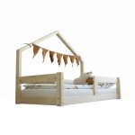 Pat pentru copii casuta montessori, Little Amy, MiniNest, balustrade orizontale, Natur, 140x200 cm