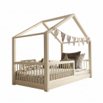 Pat pentru copii casuta montessori, Little Amy, Stillwood Cottage, balustrade cu bare rotunde, Natur, 120x200 cm