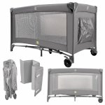 Patut pliabil de calatorie Ikonka Grey pentru copii, cadru din aluminiu, picioare antiderapante si roti cu blocare, buzunar lateral pentru depozitare, saltea pliabila inclusa