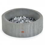 Piscina uscata Moni Boucle Grey pentru bebelusi si copii 90x30cm,fabricata din spuma moale, husa detasabila din material boucle moale, 200 bile asortate incluse