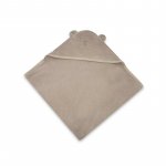 Prosop cu gluga Qmini Teddy Bear Mocha, cu broderie si urechi, 100x100 cm, din tricot termo-terry din bambus