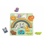 Puzzle si jucarie echilibru 2in1 Hi Pando Animale, 12 piese colorate cu forme diferite, realizat din lemn Eco friendly