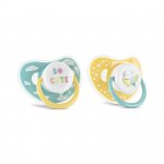 Set 2 suzete din silicon moale cu capac si tetina rotunda 6 luni+ Yellow Blue