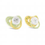 Set 2 suzete din silicon moale cu capac si tetina rotunda 6 luni+ Yellow Green