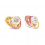 Set 2 suzete din silicon moale cu capac si tetina rotunda 6 luni+ Yellow Pink