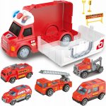 Set camion de remorcare Matadi Fire Truck, tip valiza cu maner, prevazut cu lumini si sunete, include o flota de 6 masinute de pompieri si accesorii rutiere