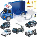Set camion de remorcare Matadi Police, tip valiza cu maner, cu lumini si sunete, include o flota de 6 masinute de politie si accesorii rutiere