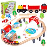 Set circuit tren extensibil pentru copii KinderPlay, dimensiune 213cm, realizat din lemn, cu fabrica de cherestea si pescuit