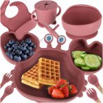 Set complet de hranire copii, Ikonka, cu 9 piese din silicon, pentru diversificare hrana, pink Crab