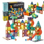 Set constructie 3D cu 110 piese magnetice educative pentru copii Doris Magnetic Tiles multicolor cu lumini,magneti puternici,multiple posibilitati de constructii tridimensionale