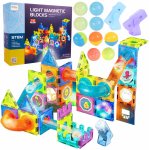 Set constructie pentru copii cu 75 piese magnetice educative, multiple posibilitati de constructii tridimensionale, cu elemente luminoase